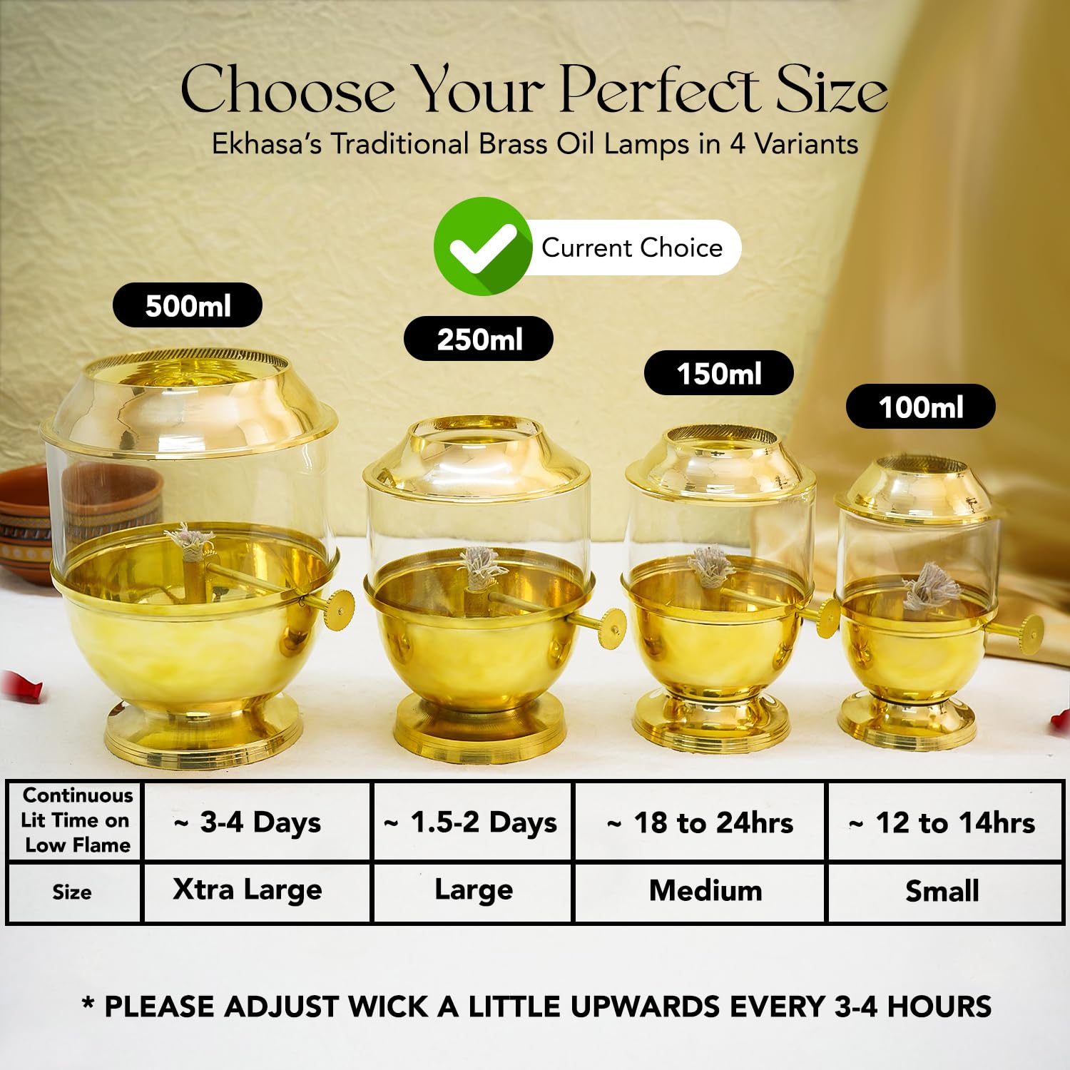 Ekhasa 100% Pure Brass Akhand Jyot Diya with Adjustable Bati Knob