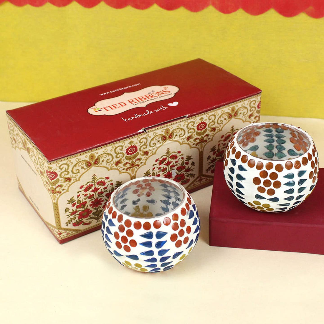 TIED RIBBONS Pack of 2 Turkish Mosaic Glass Votive Tealight Candle Holders for Table