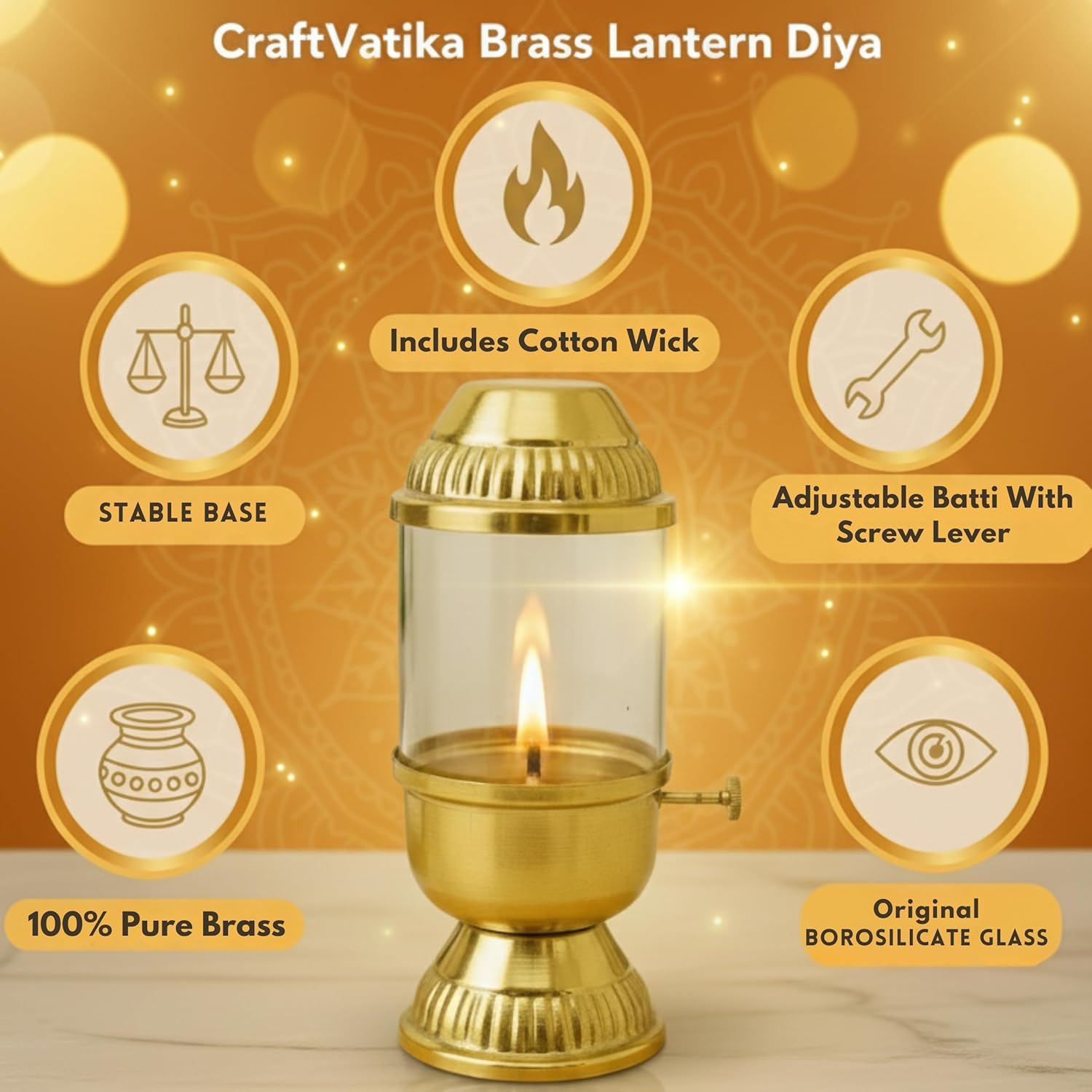 CraftVatika 100% Pure Brass Akhand Diya with Adjustable bati Knob