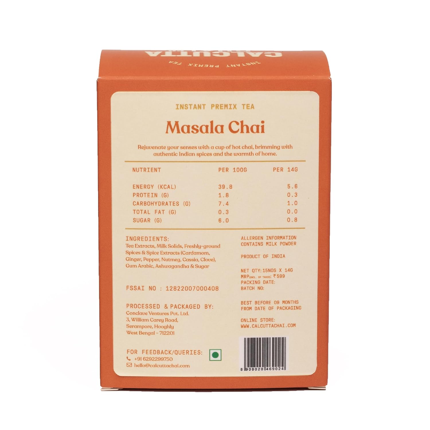 Calcutta Chai Co Masala Chai | Instant Tea Premix | 15 Sachets | 210 Gram |