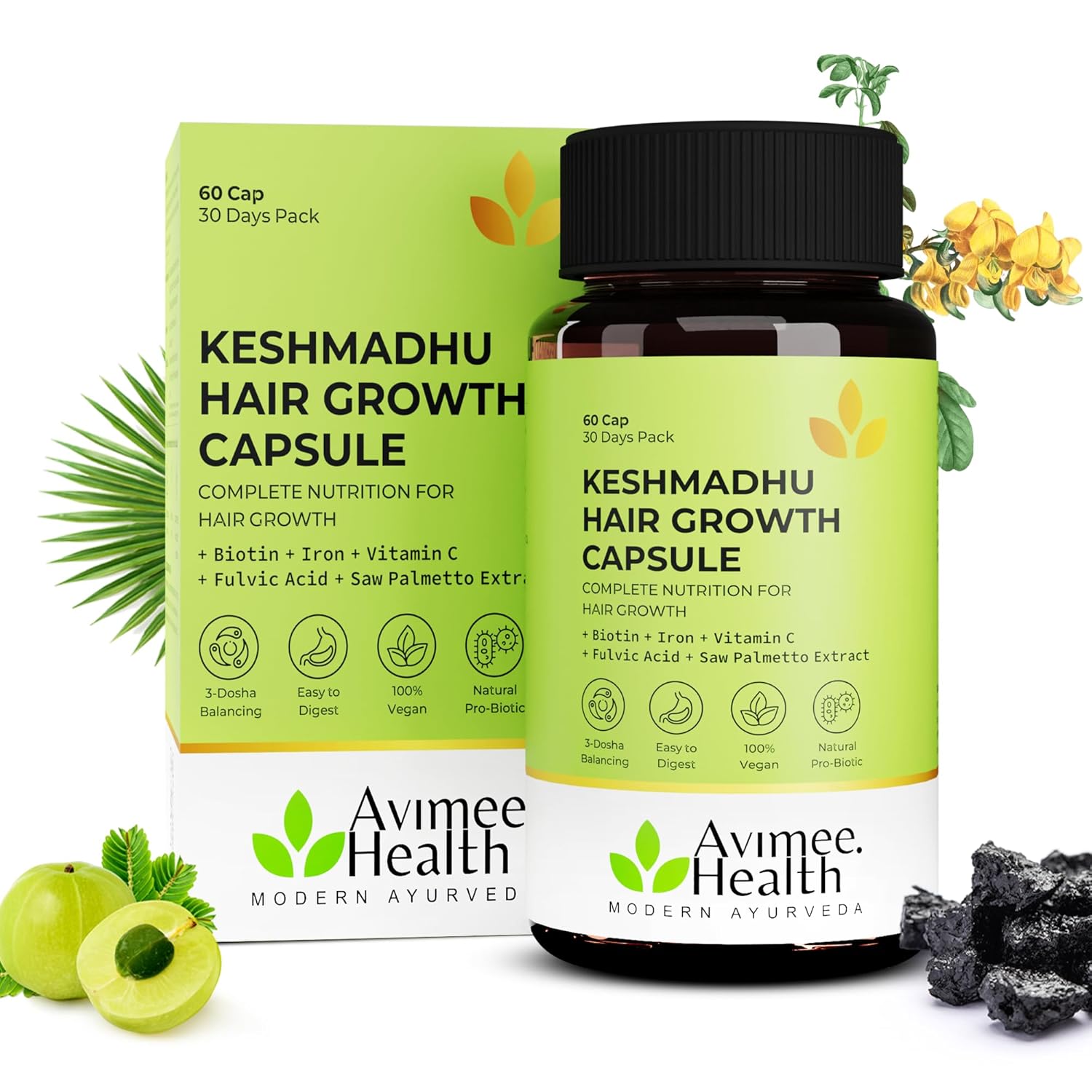 AVIMEE HERBAL Keshmadhu Hair Growth Capsules | Made with Lemon Peel and Amla Extracts | 60 caps