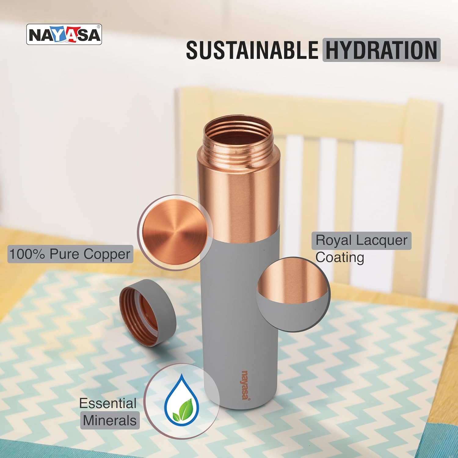 Nayasa Tower Deluxe Copper Water Bottle- 1000 ML