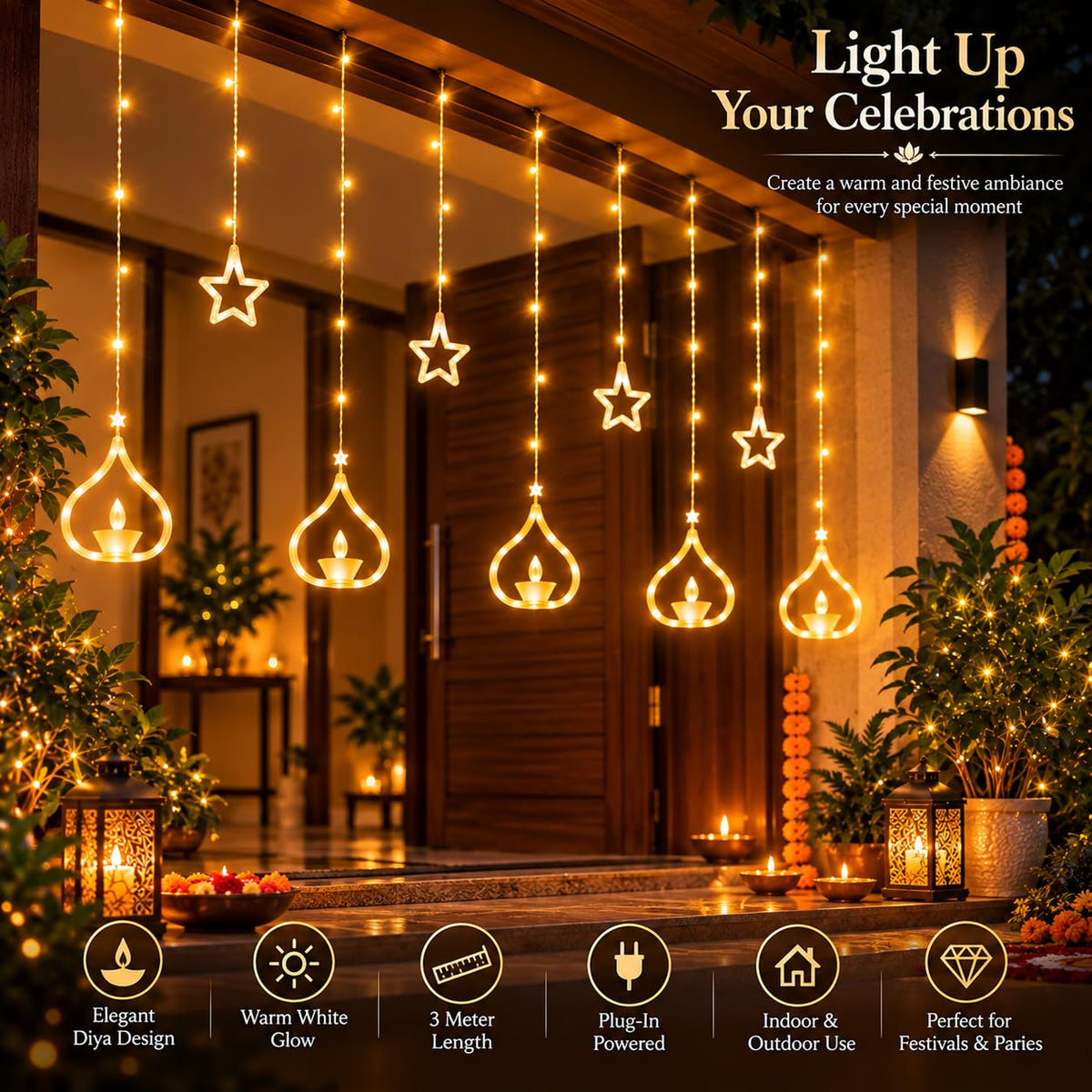 One94Store Deep Diya Curtain Decorative LED String Lights – 3 Meter Warm White Plug-in Lights with 108 LEDs
