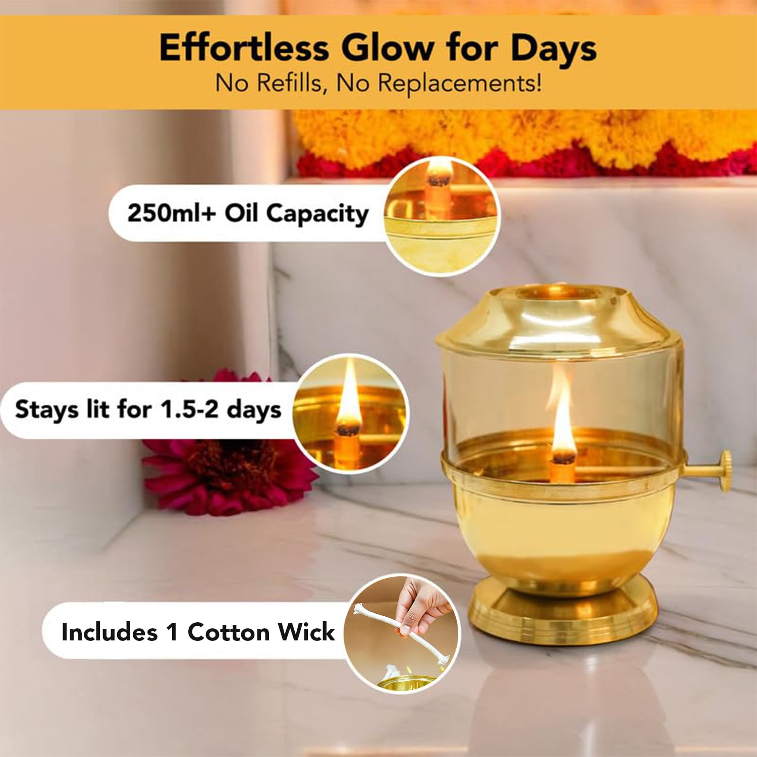 Ekhasa 100% Pure Brass Akhand Jyot Diya with Adjustable Bati Knob