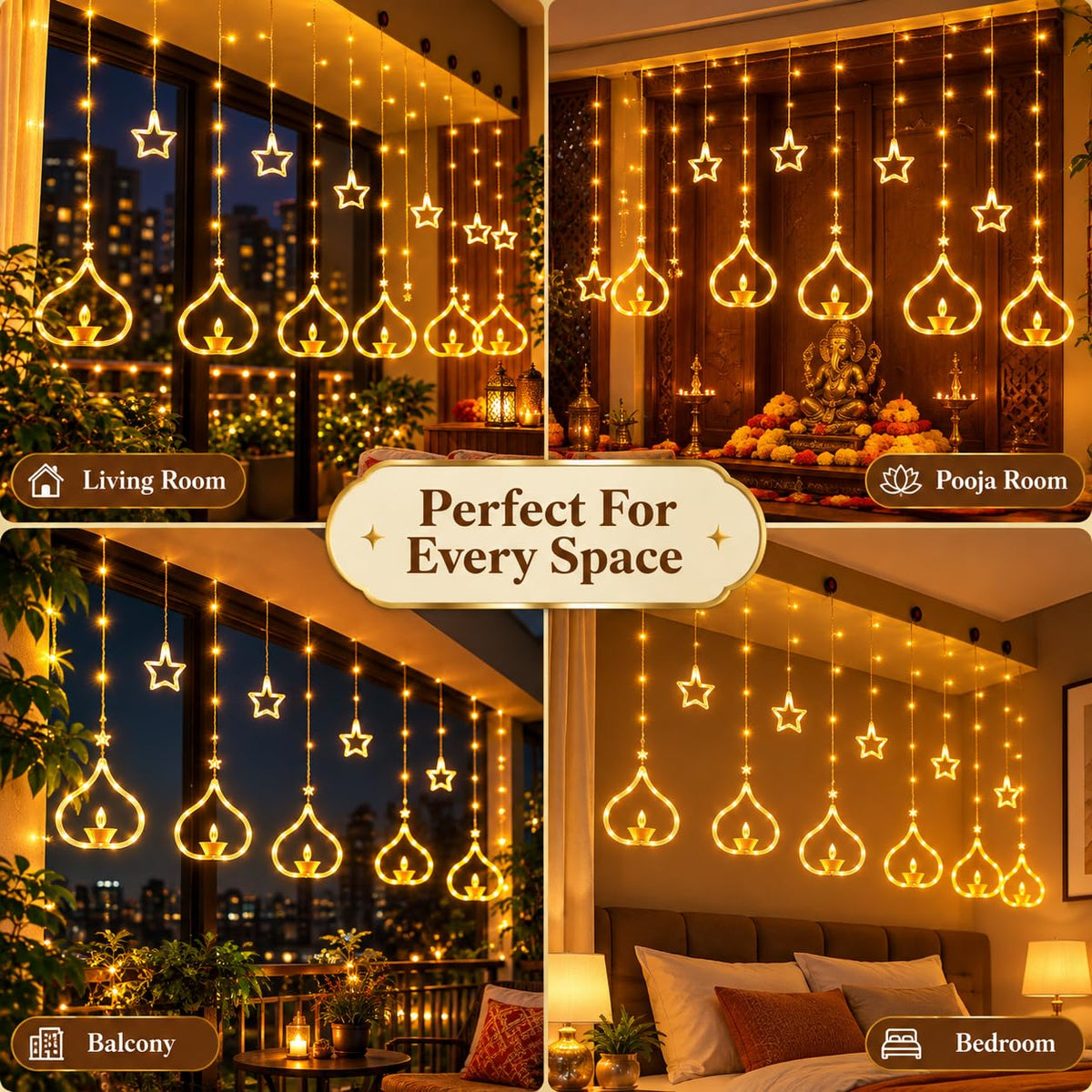One94Store Deep Diya Curtain Decorative LED String Lights – 3 Meter Warm White Plug-in Lights with 108 LEDs