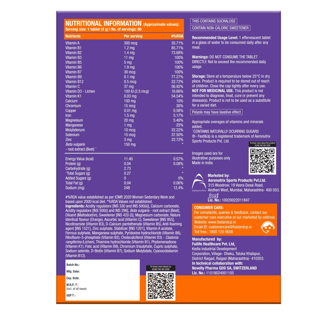 Fast&Up Vitalize - Immunity Essential Multivitamin For Men & Women (60 Effervescent Tablets, Orange Flavor)