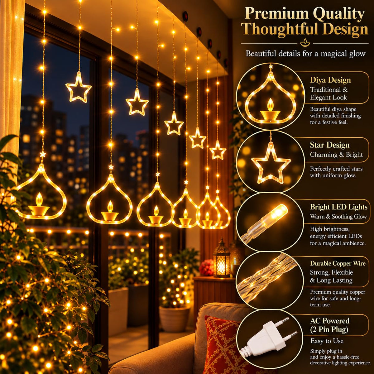 One94Store Deep Diya Curtain Decorative LED String Lights – 3 Meter Warm White Plug-in Lights with 108 LEDs