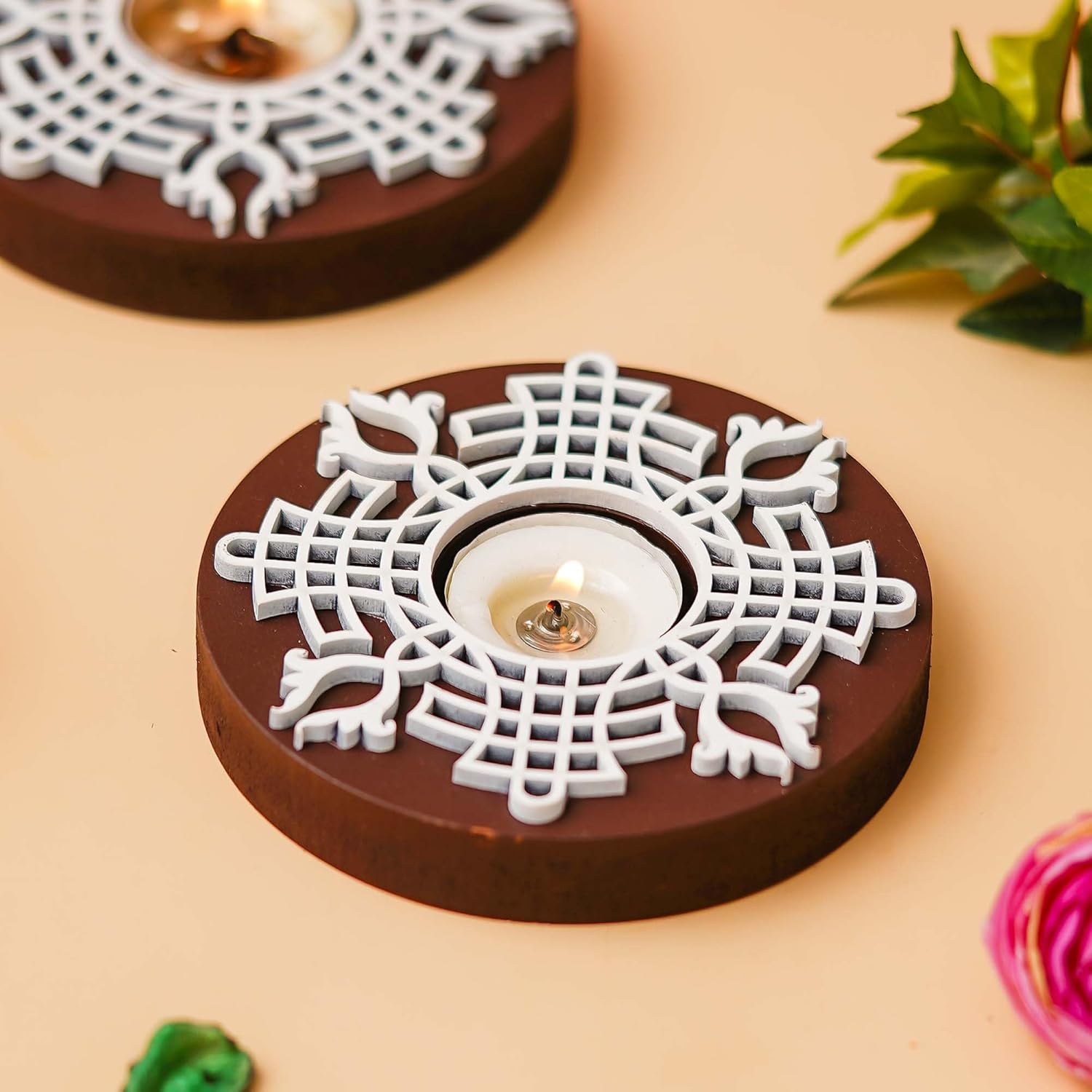 eCraftIndia Brown & White Round Handcrafted Wooden Block Print Tea Light Candle Holders