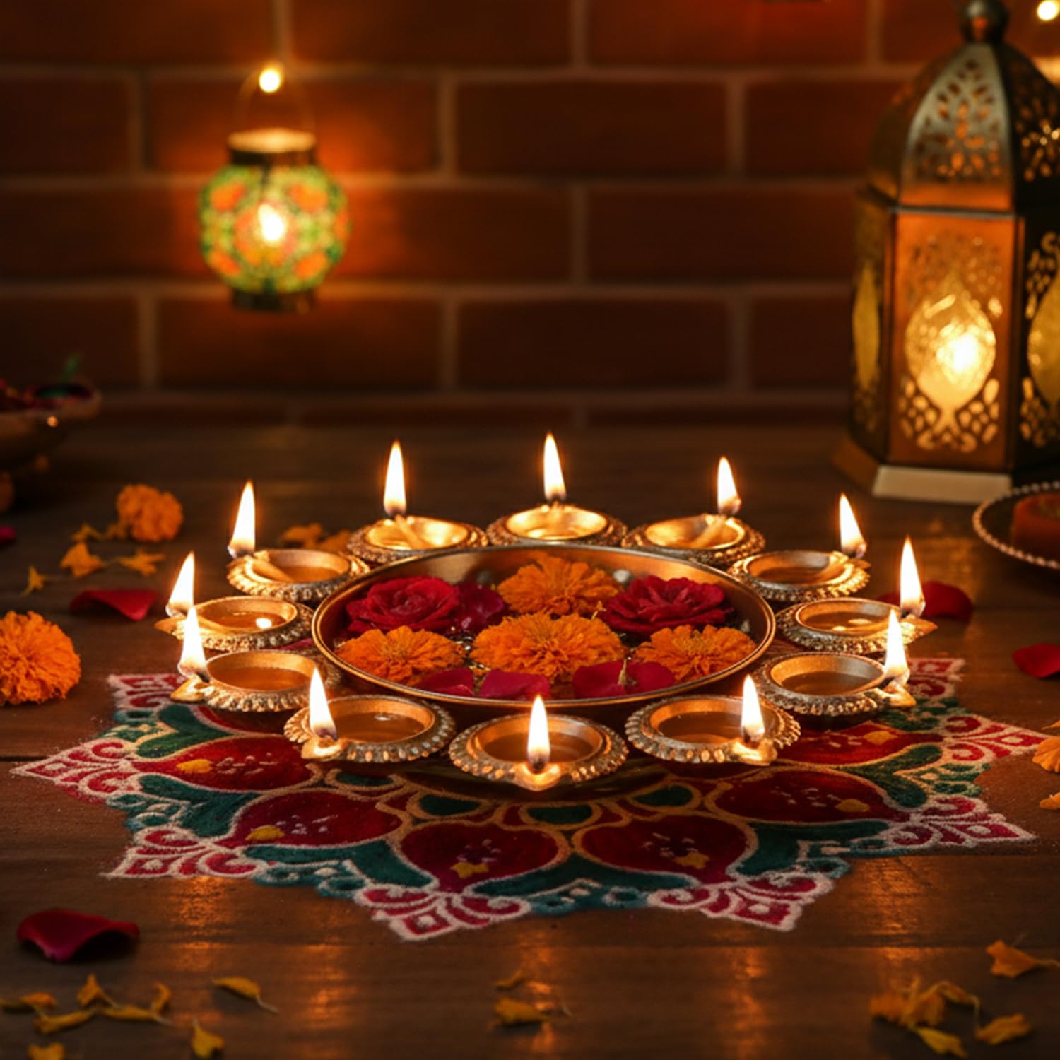 Tied Ribbons Urli Bowl with 12 Attached Oil Diyas for Floating Flowers and Tealight Candles