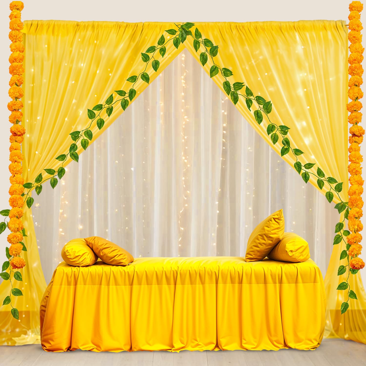 Party Propz Yellow Pooja Backdrop Cloth with Lights