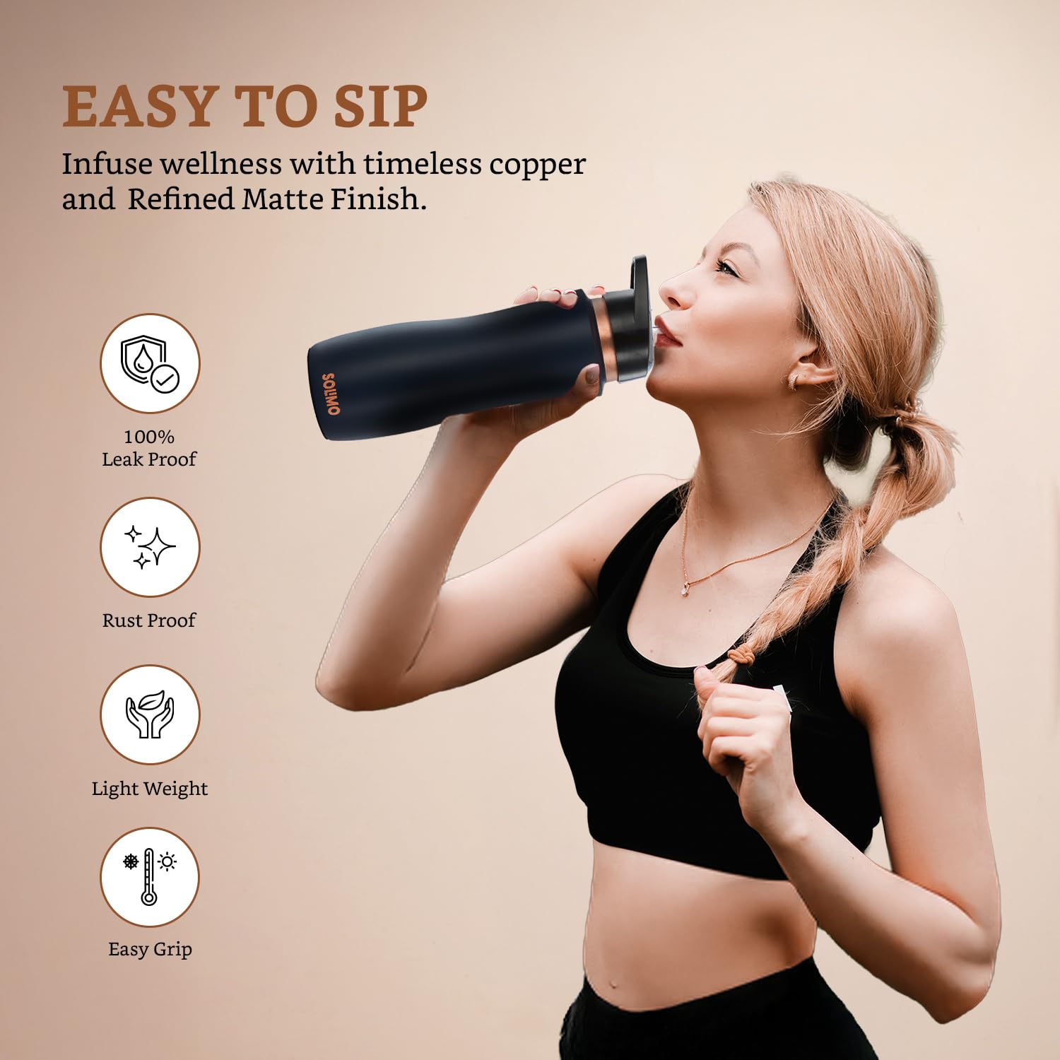 Solimo Copper Leak-Proof Powder Coating Sipper Bottles | 950 ml | Pure Copper | Coca Cola Color | Daily Wellness Sipper Bottle