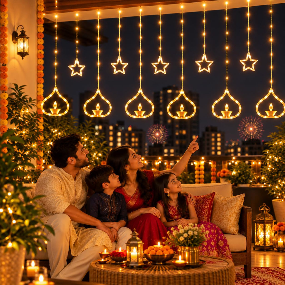 One94Store Deep Diya Curtain Decorative LED String Lights – 3 Meter Warm White Plug-in Lights with 108 LEDs