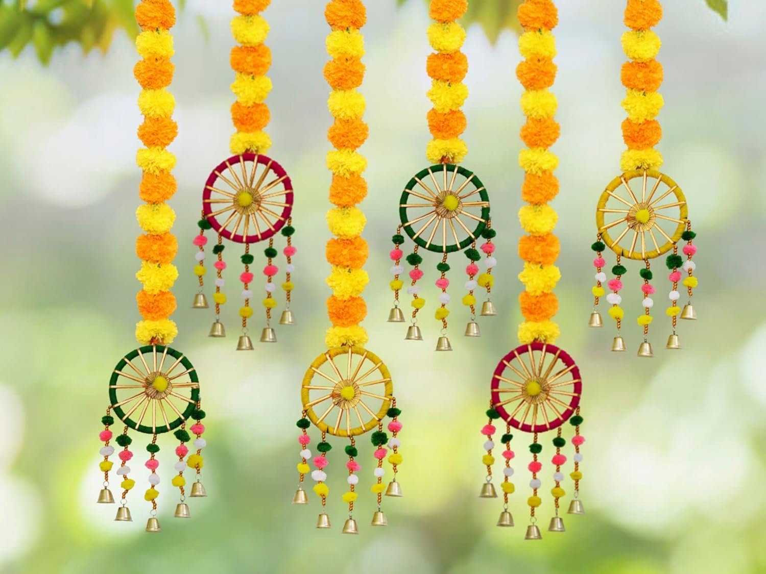 JH Gallery Marigold & Bell Hanging Toran – Pack of 6 for Decoration