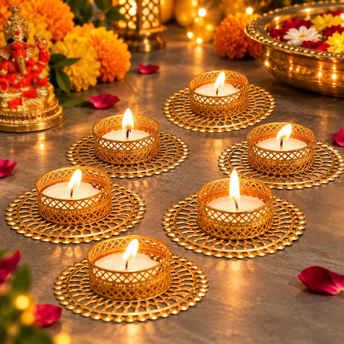 TIED RIBBONS Set of 6 Florals Tealight Candle Holders for Diyas