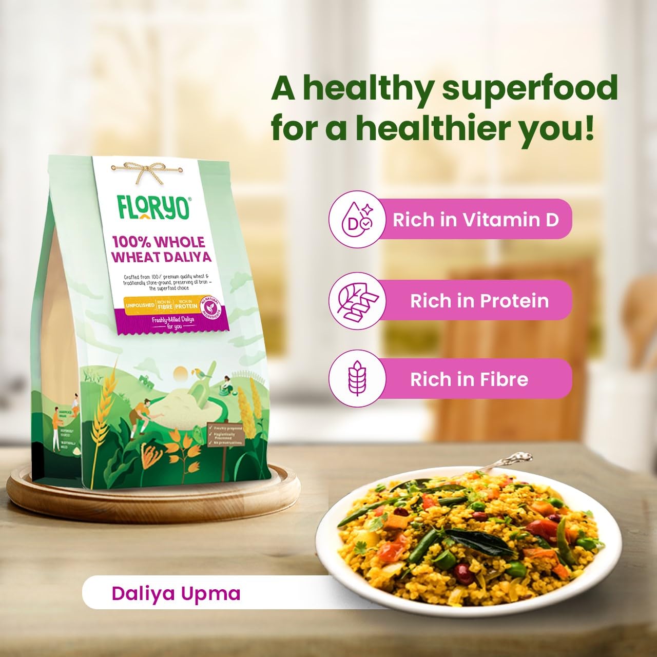 Floryo100% Whole Wheat Daliya- 400g Pack|Traditional Stone-Ground