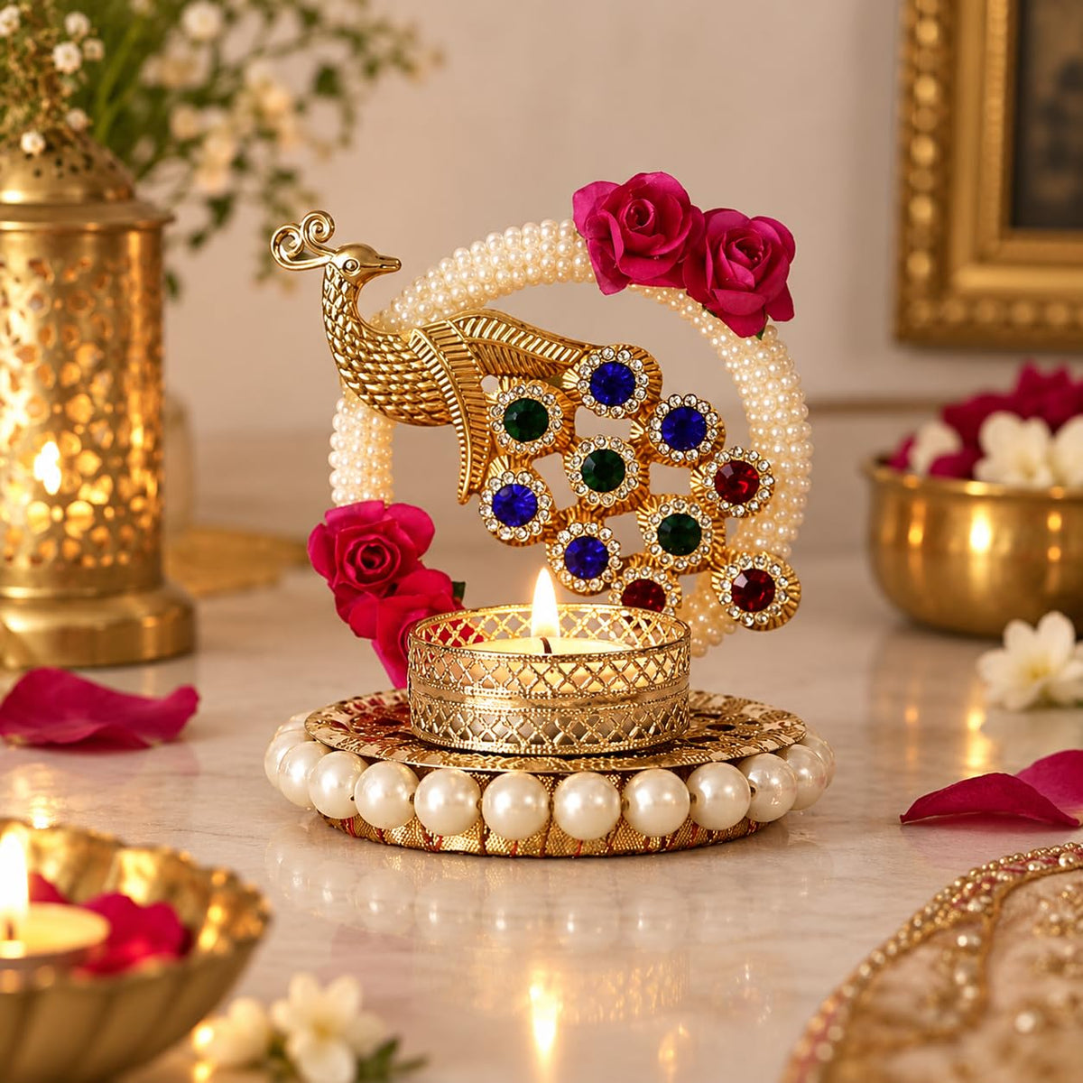 eCraftIndia Metal Peacock Floral Decorative Tea Light Candle Holder