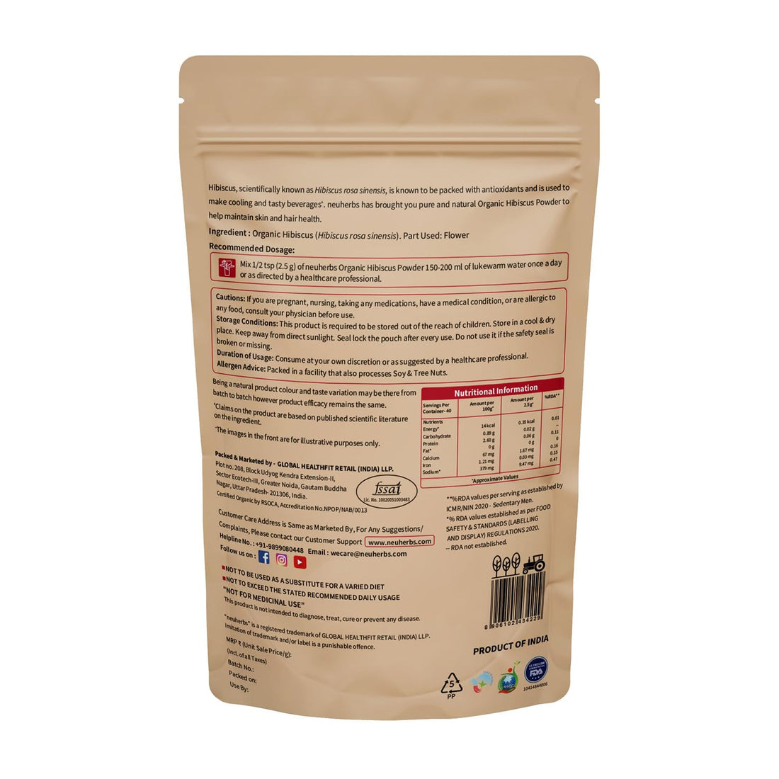 Neuherbs Organic Hibiscus Powder For Women & Men - 100 g