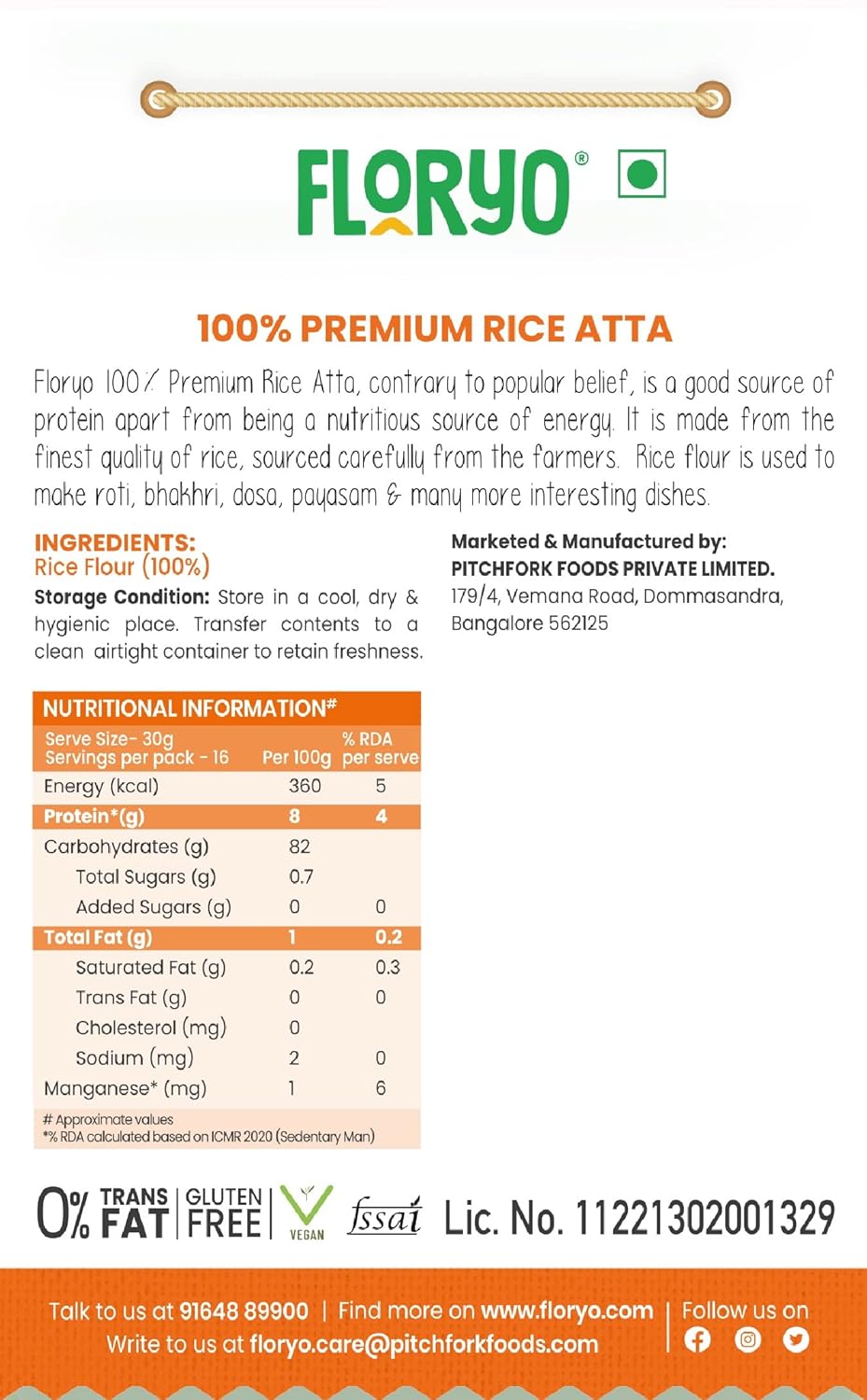 Floryo Premium 100% Natural Rice Atta- 500gm Pack