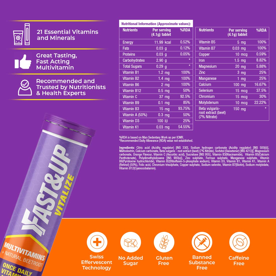 Fast&Up Vitalize - Immunity Essential Multivitamin For Men & Women (60 Effervescent Tablets, Orange Flavor)