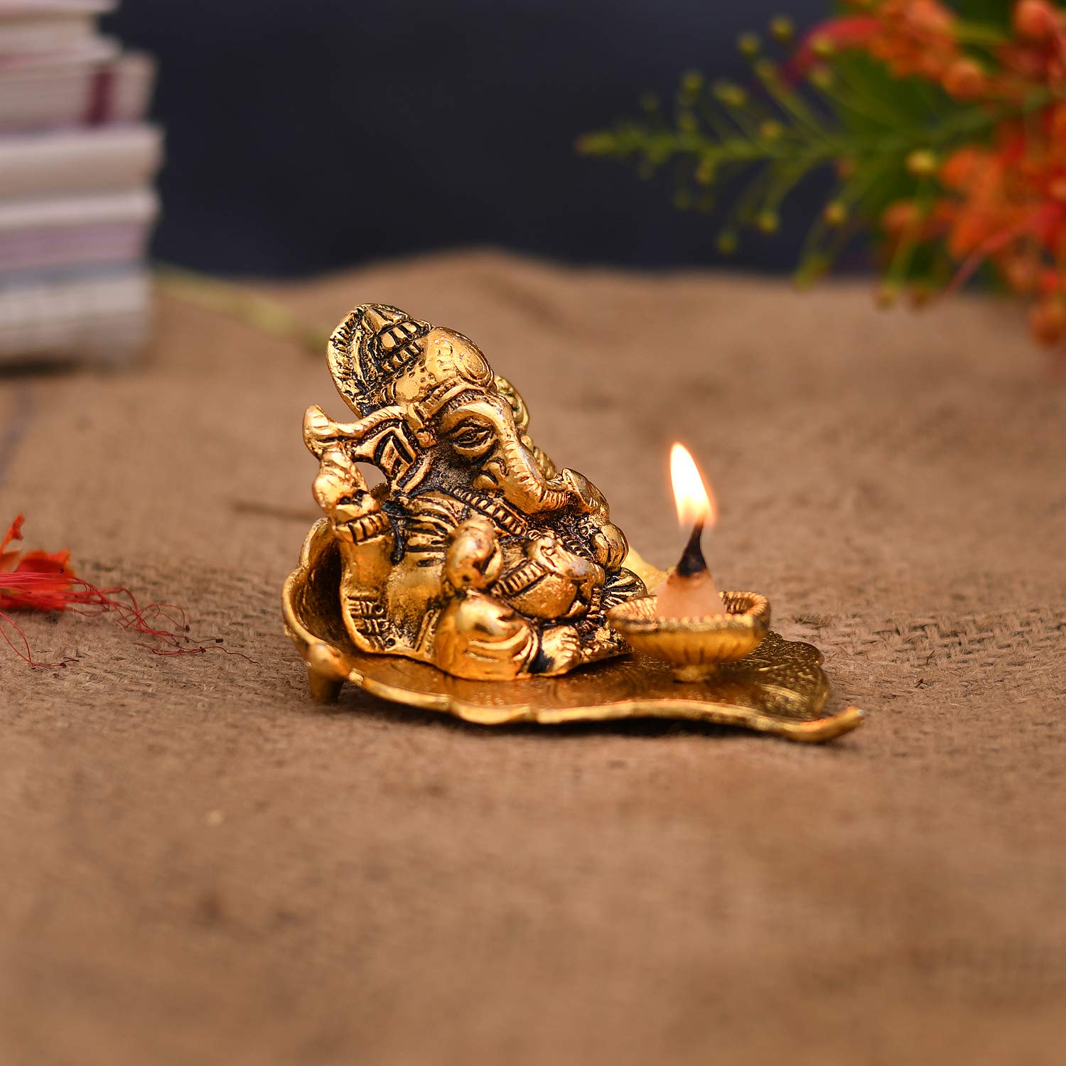 Collectible India Lord Ganesha on Leaf with Diya | Metal Diwali Gift