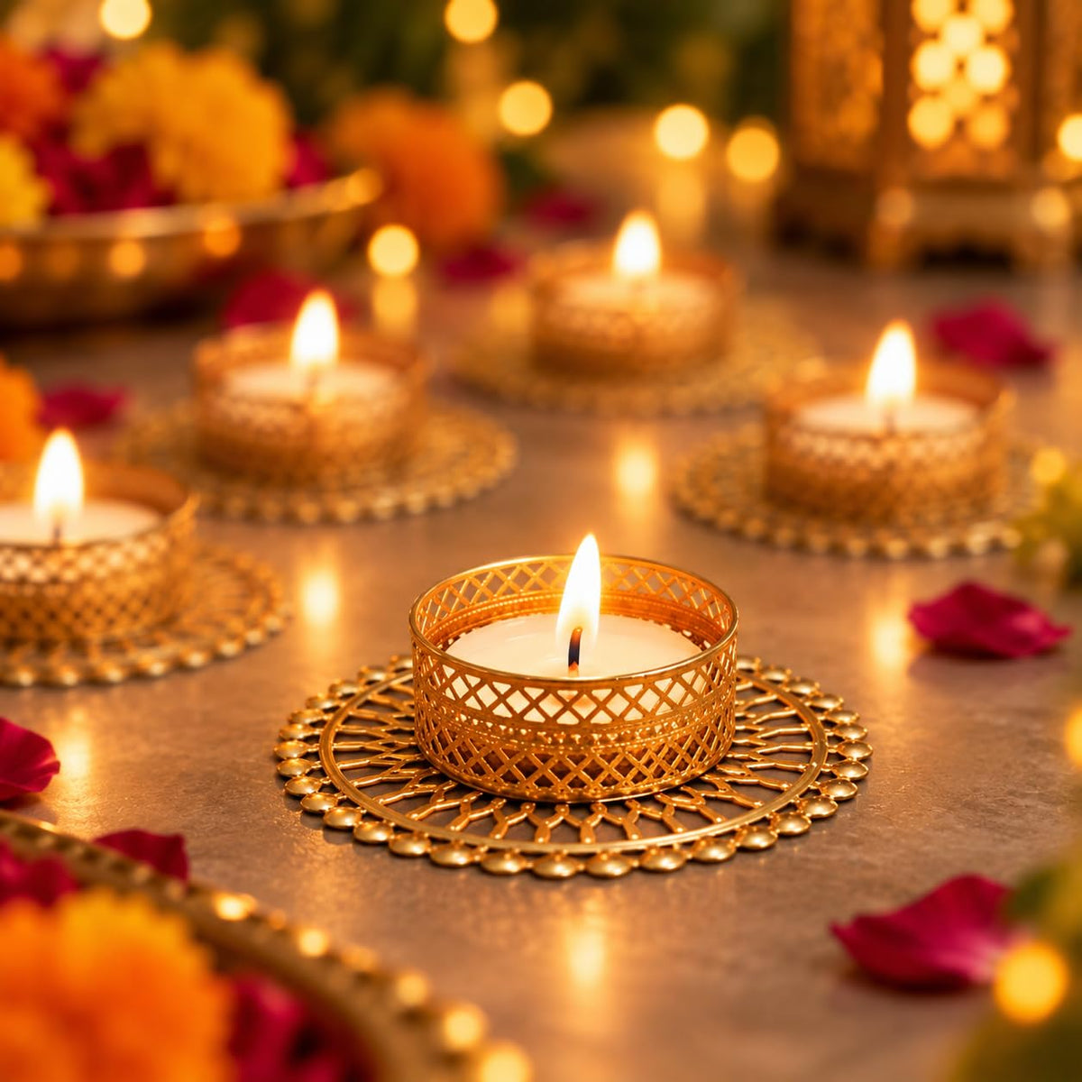TIED RIBBONS Set of 6 Florals Tealight Candle Holders for Diyas