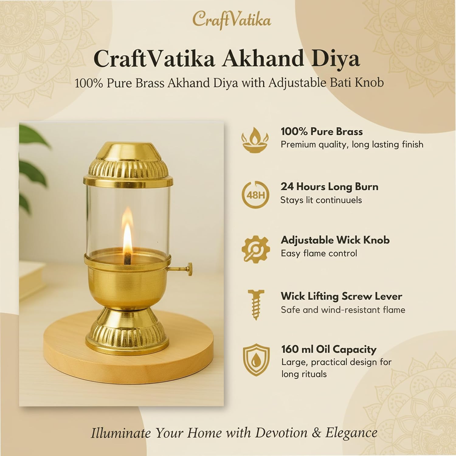 CraftVatika 100% Pure Brass Akhand Diya with Adjustable bati Knob