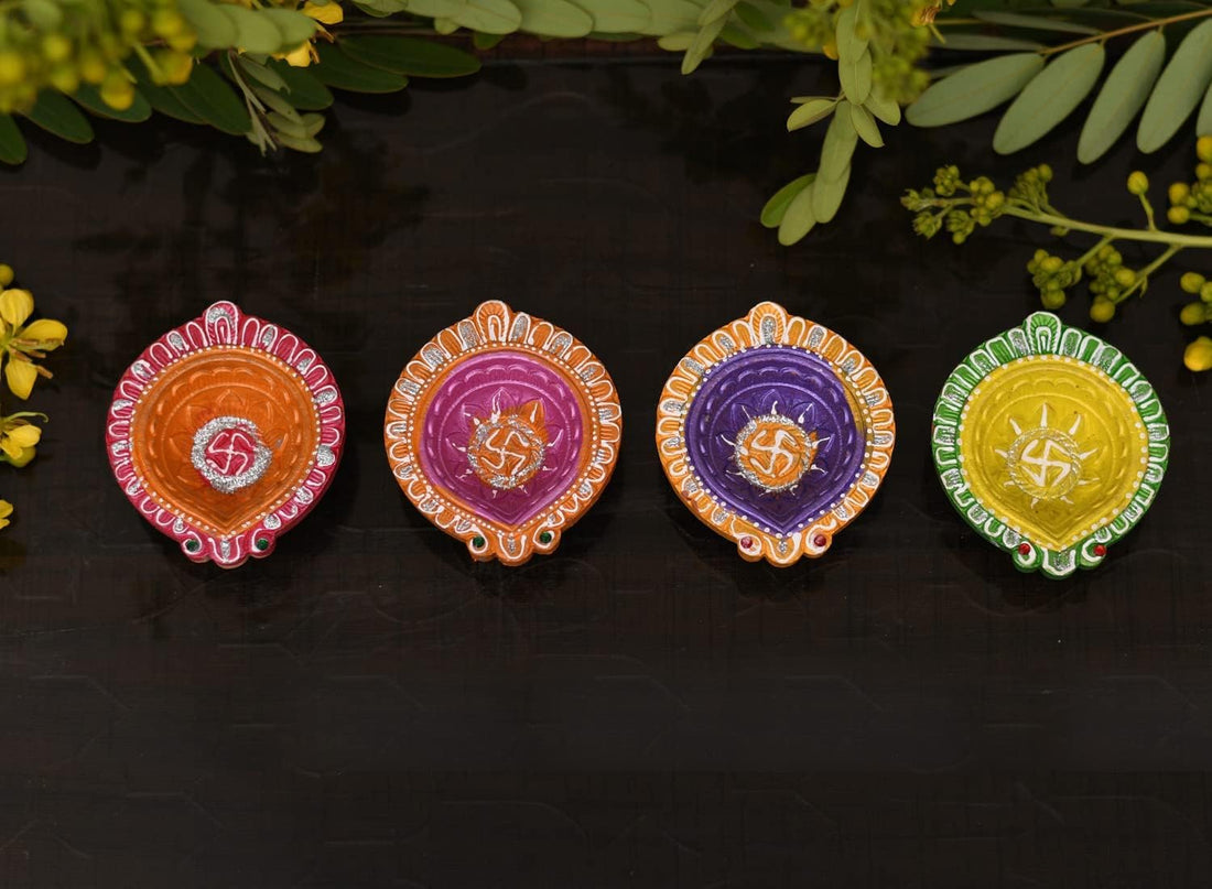 Collectible India Clay 12 Diyas Diya Deepak Earthen Assorted Colorful Set