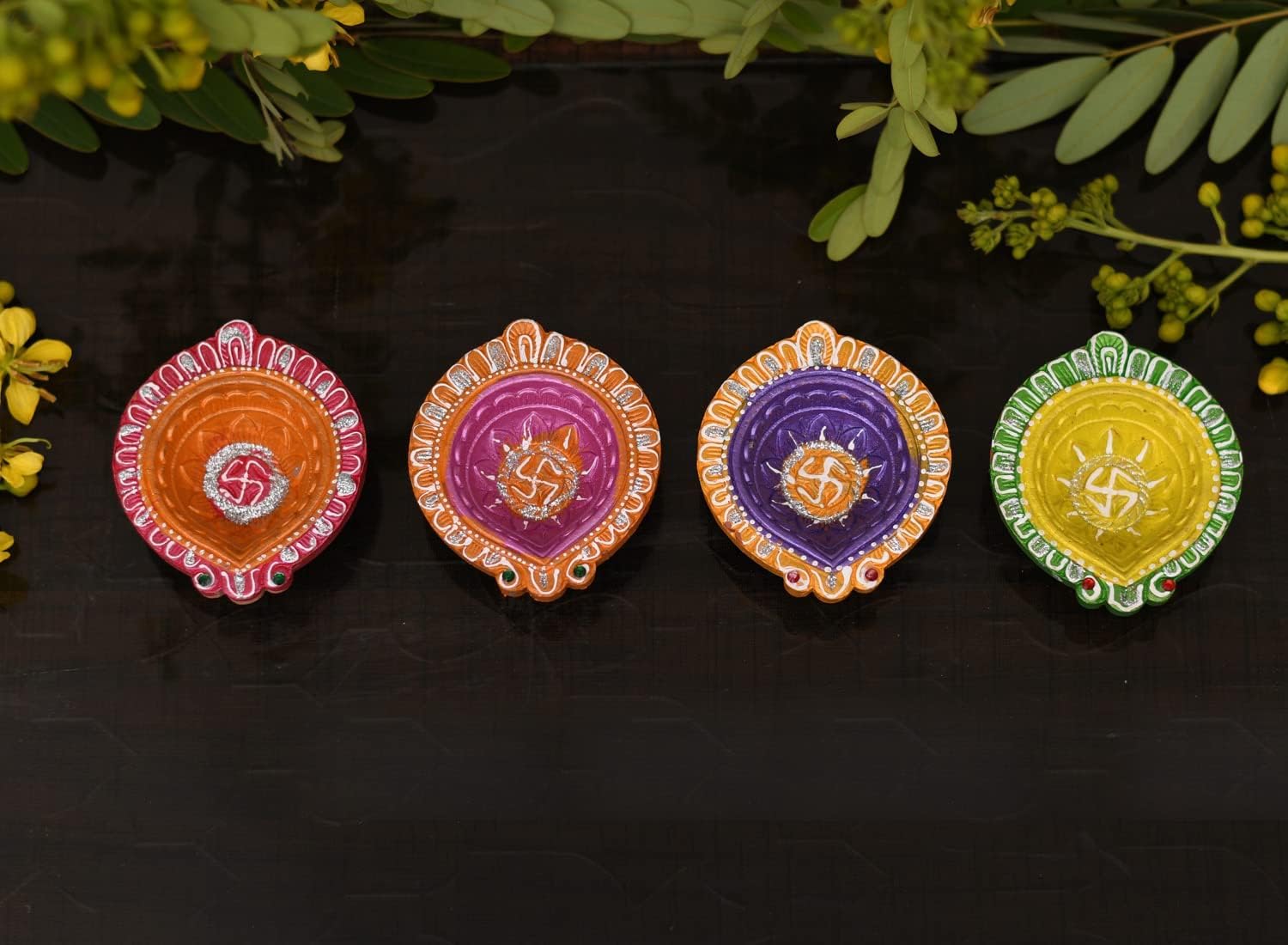 Collectible India Clay 12 Diyas Diya Deepak Earthen Assorted Colorful Set