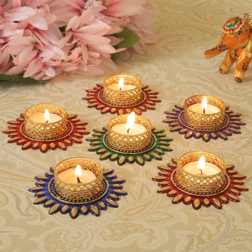 TIED RIBBONS Set of 6 Multicolor Florals Tealight Candle Holders for Diyas