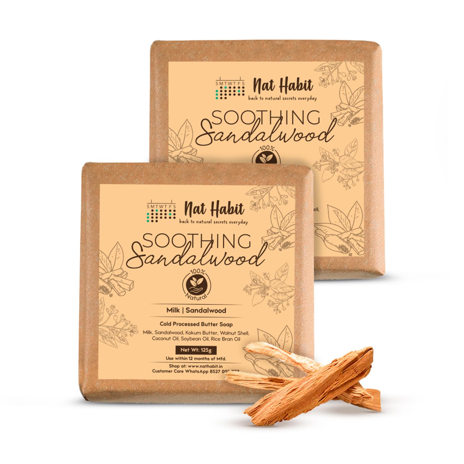 Nat Habit Sandalwood De-Tan Soap |Body Tan Removal Soap for Women & Men -125g x 2
