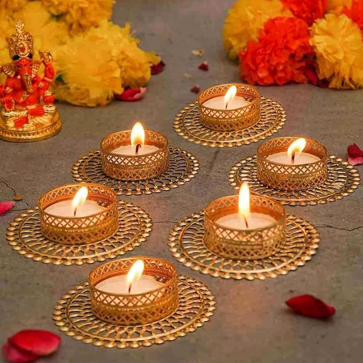 TIED RIBBONS Set of 6 Florals Tealight Candle Holders for Diyas