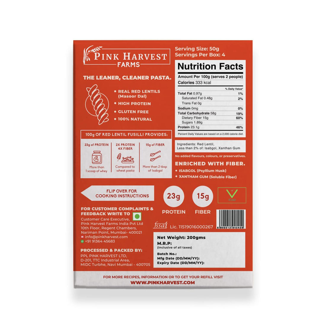 Pink Harvest Farms red lentil fusilli pasta package on a white background