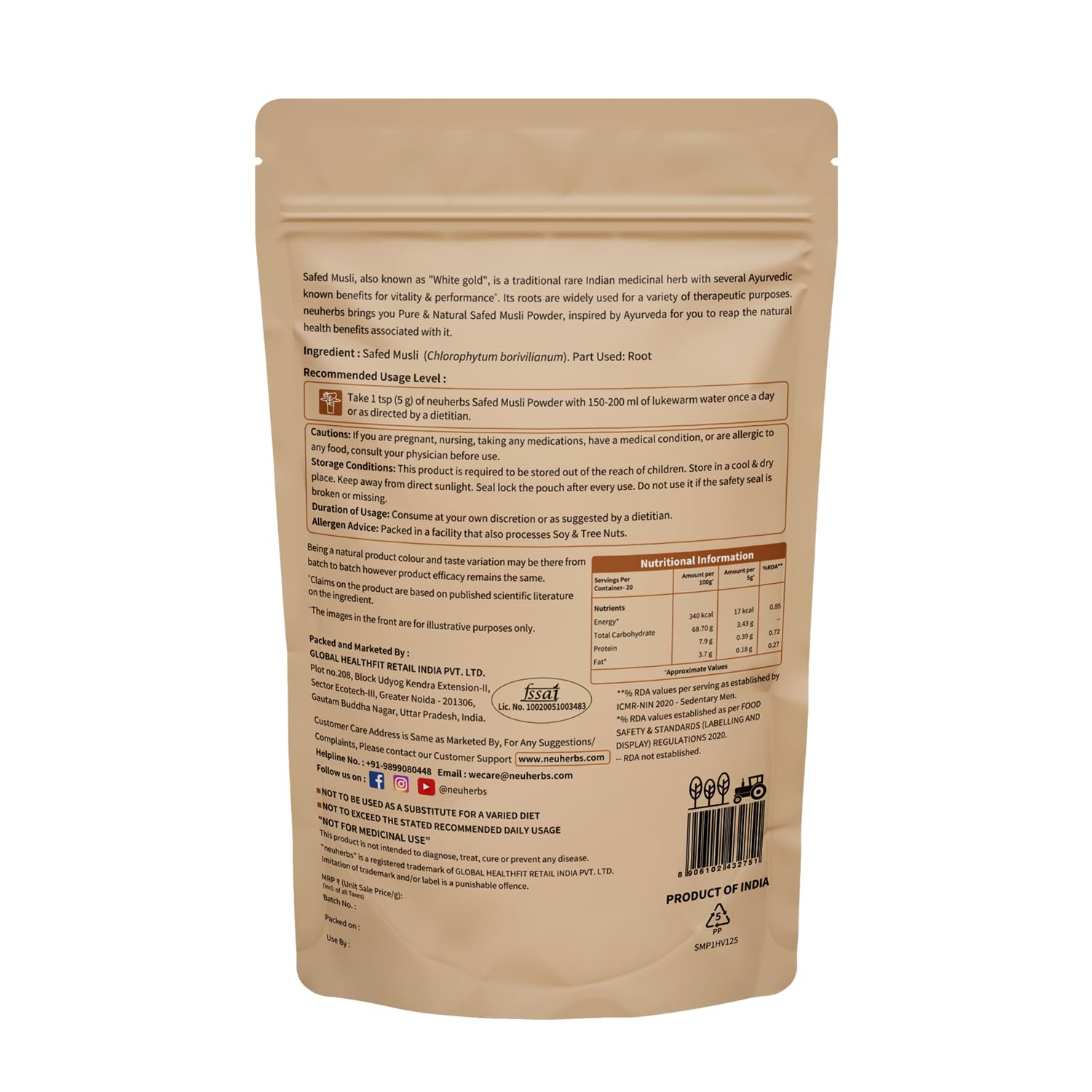 Neuherbs Safed Musli Root Powder - 100 GM