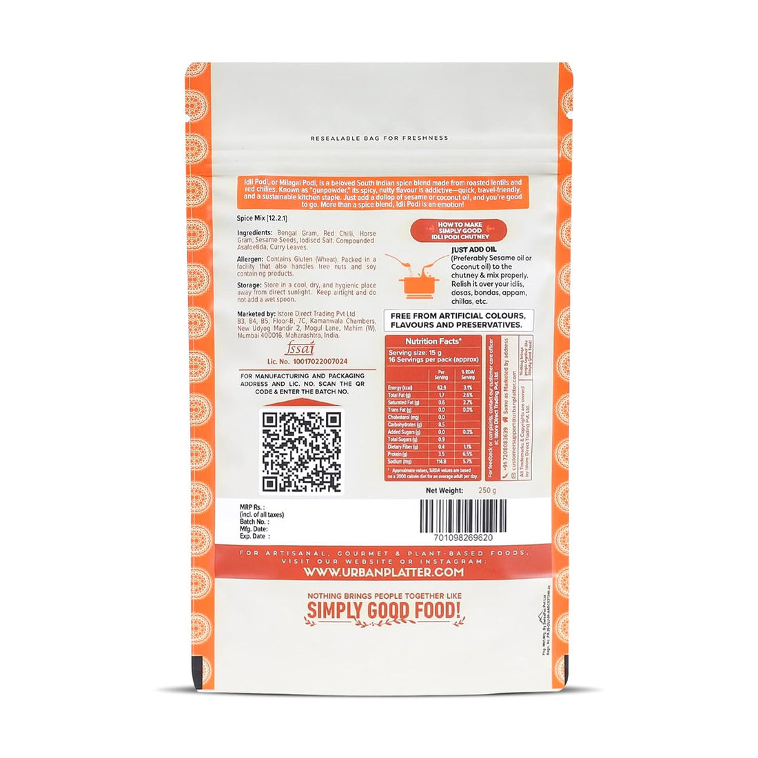 Packaging of Urban Platter South Indian Style Instant Idli Podi Chutney Powder on a white background