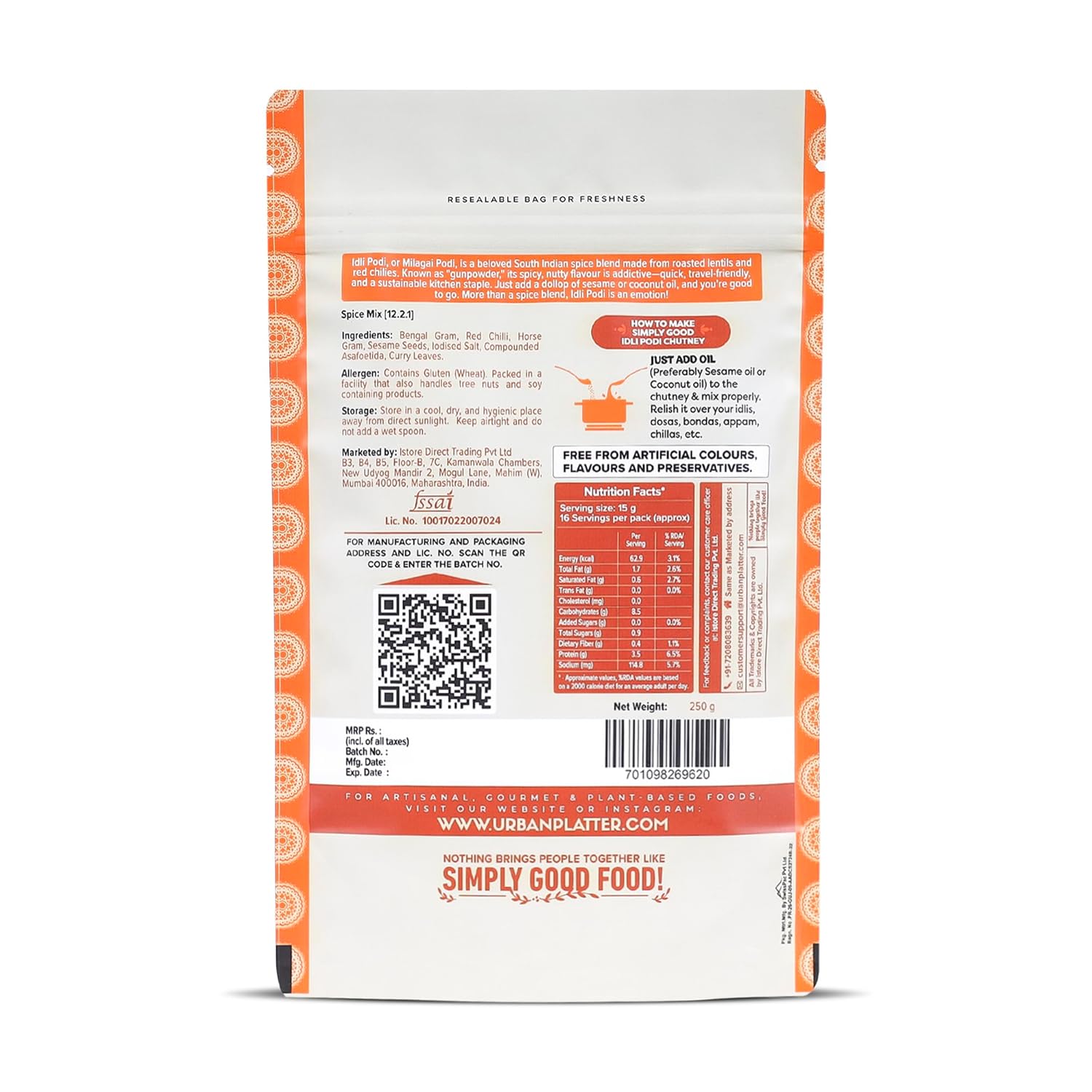 Urban Platter South Indian Style Instant Idli Podi Chutney Powder, 250gm