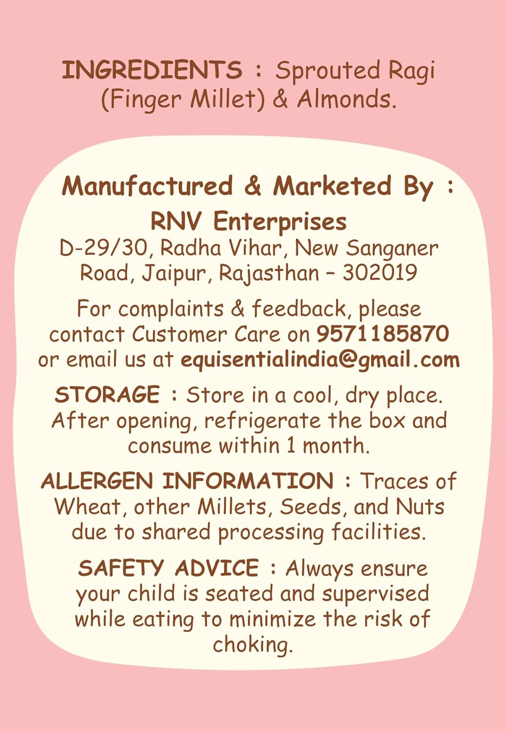 Equisential - Sprouted Ragi & Almonds Instant Porridge Infant Baby Cereal - 200g