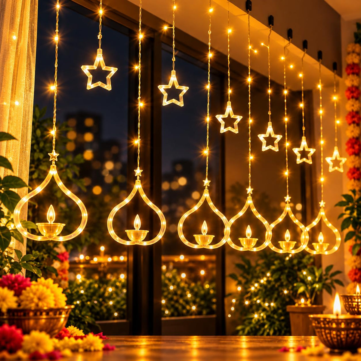One94Store Deep Diya Curtain Decorative LED String Lights – 3 Meter Warm White Plug-in Lights with 108 LEDs
