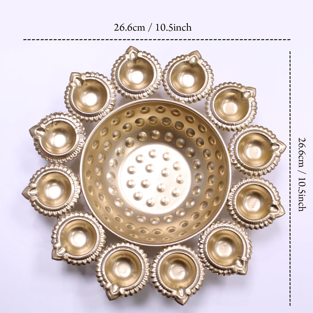 Tied Ribbons Urli Bowl with 12 Attached Oil Diyas for Floating Flowers and Tealight Candles