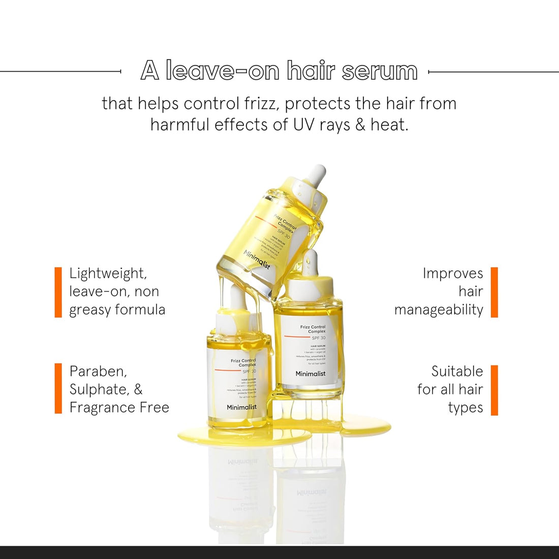 Minimalist Anti-Frizz Hair Serum SPF 30 With Keratin, Argan Oil & Ceramides for Dry Hair| 50 ml