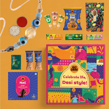 GO DESi Rakhi Set For Brother - 18 Items | Fun Gift Box | Evil Eye Stone Rakhi