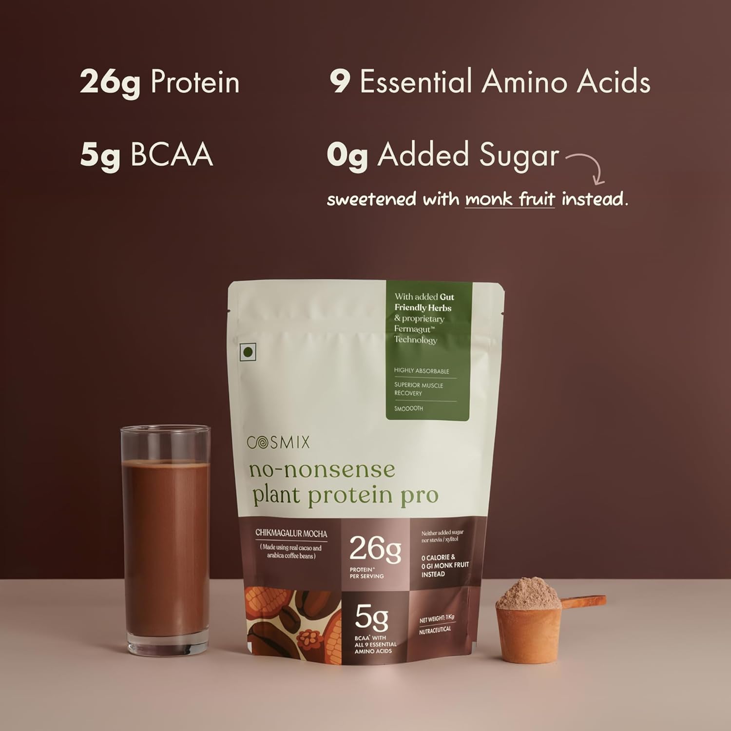 Cosmix No-Nonsense Plant Protein Pro | 26g Protein/Serve | Chikmagalur Mocha - 500G