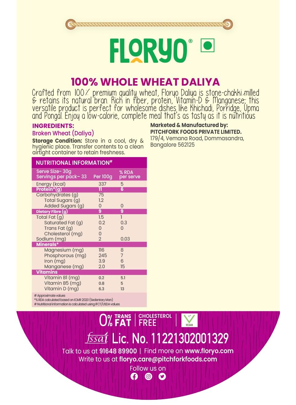 Floryo100% Whole Wheat Daliya- 400g Pack|Traditional Stone-Ground