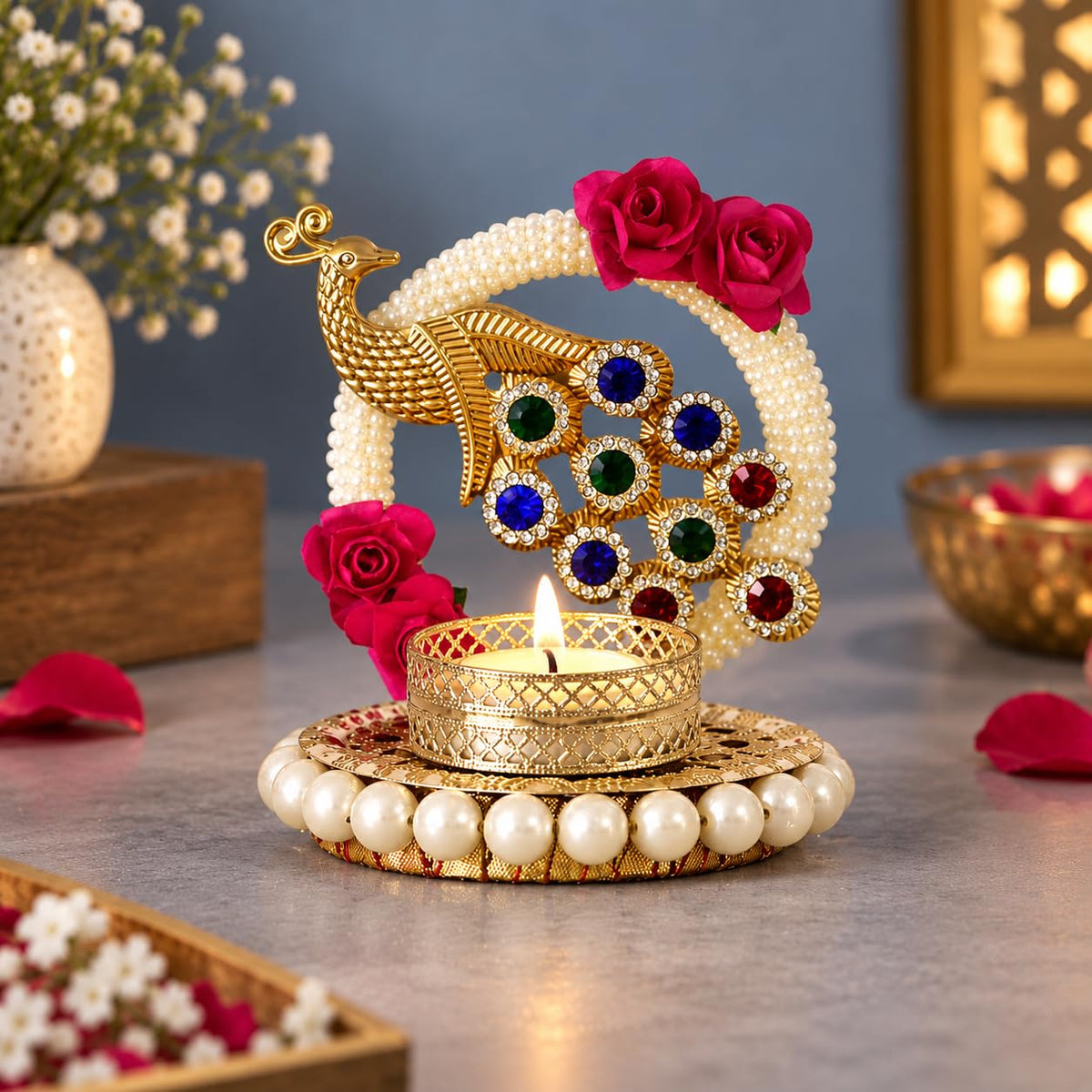 eCraftIndia Metal Peacock Floral Decorative Tea Light Candle Holder