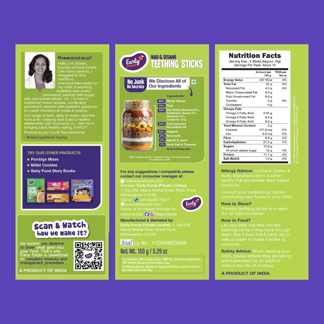 Early Foods No Refined Sugar, No Maida Ragi Teething Sticks | Sweetened with Jaggery | 100% Whole Wheat &