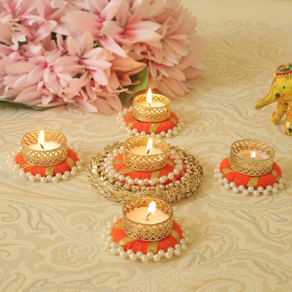TIED RIBBONS Set of 6 Florals Tealight Candle Holders for Home Decorations Diyas