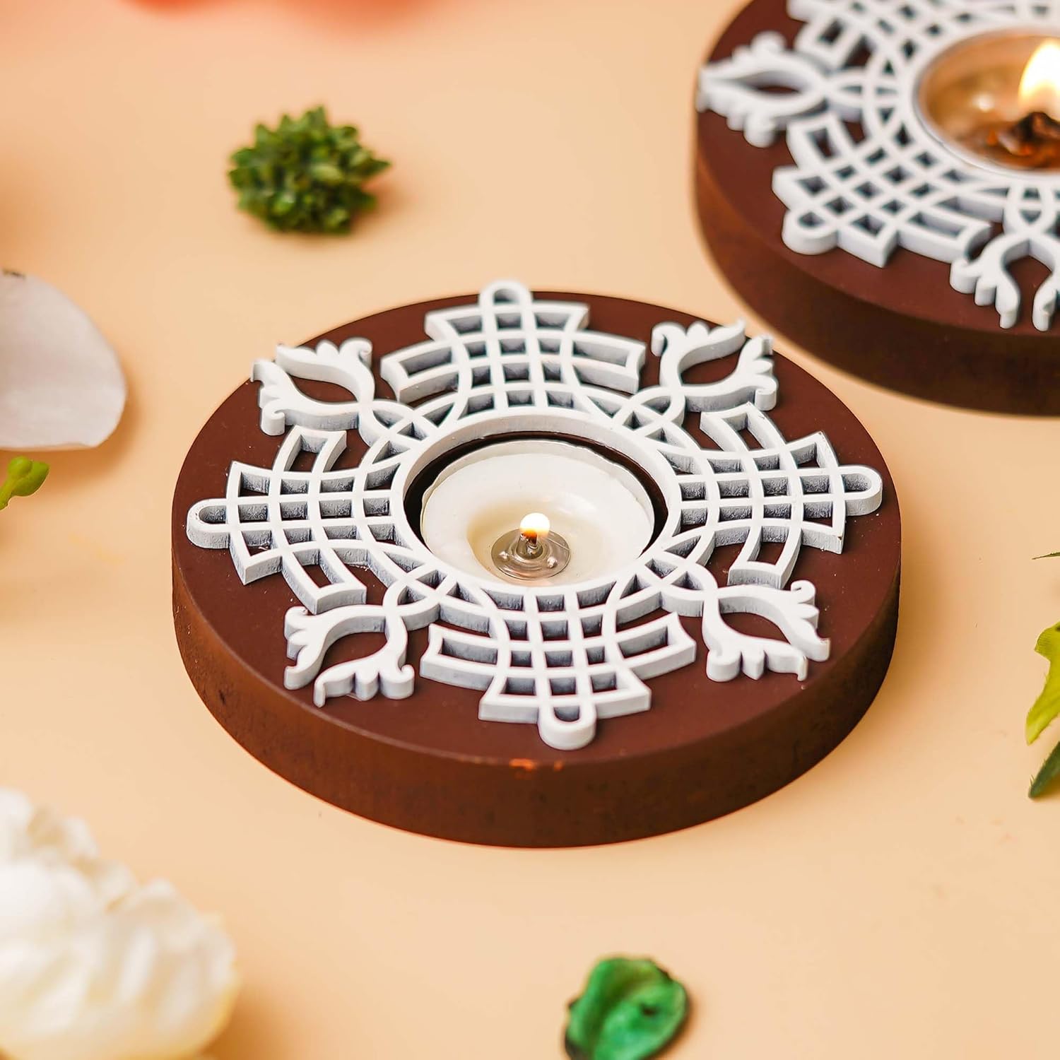 eCraftIndia Brown & White Round Handcrafted Wooden Block Print Tea Light Candle Holders