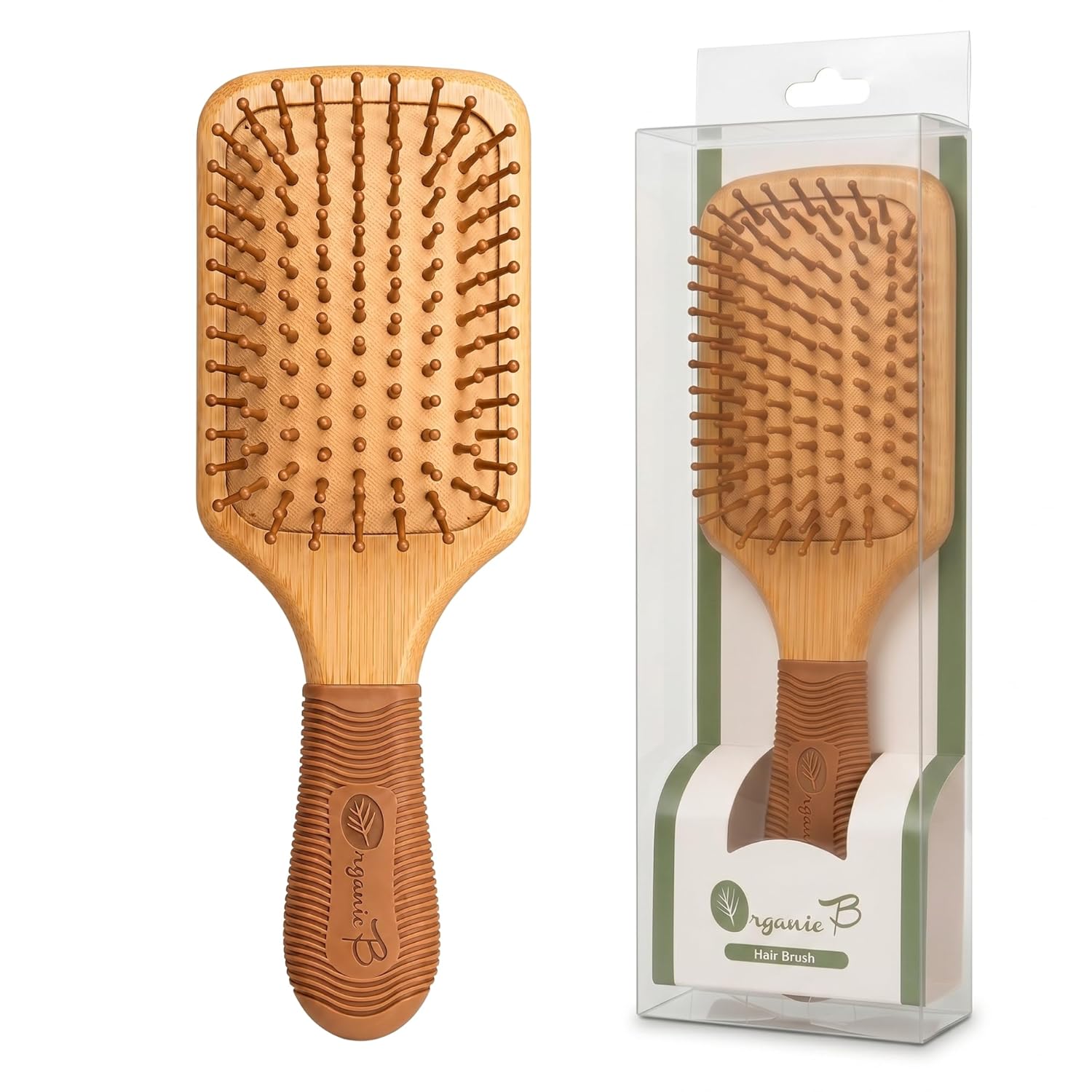 Bamboo Paddle Hair Brush with Rubber Handle – Eco-Friendly Wooden Detangler for Wet & Dry Hair
