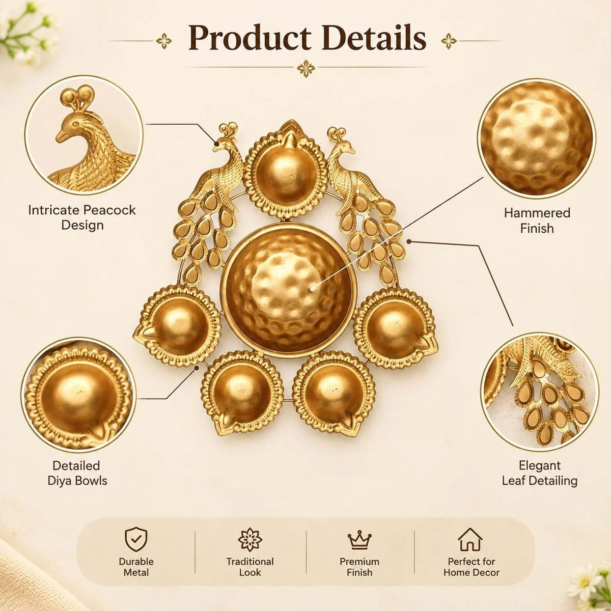 Ascension Peacock Diya Shape Decorative Urli Bowl for Home Decor with 5 Attached Oil Diyas