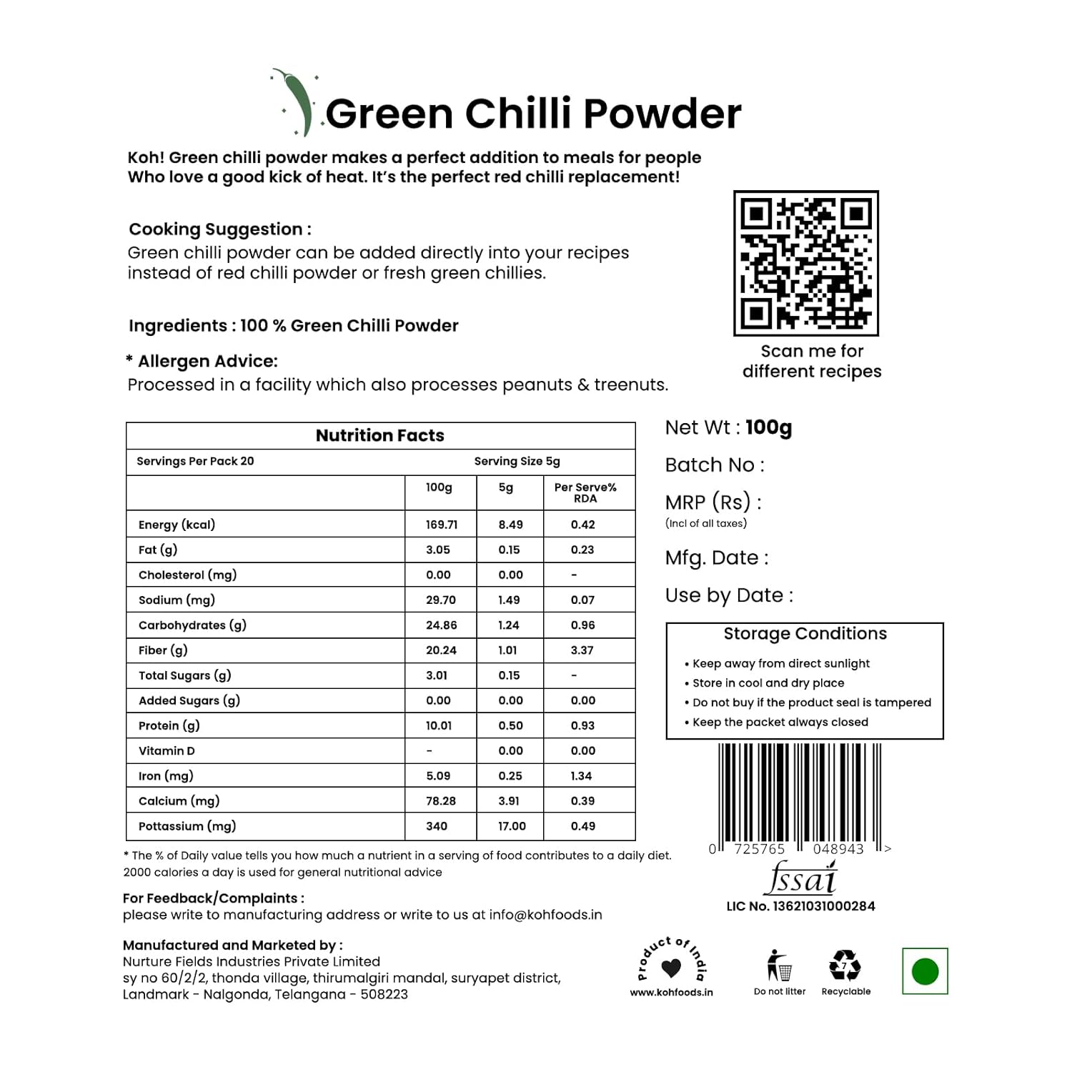 KOH Green Chilli Powder - 100g