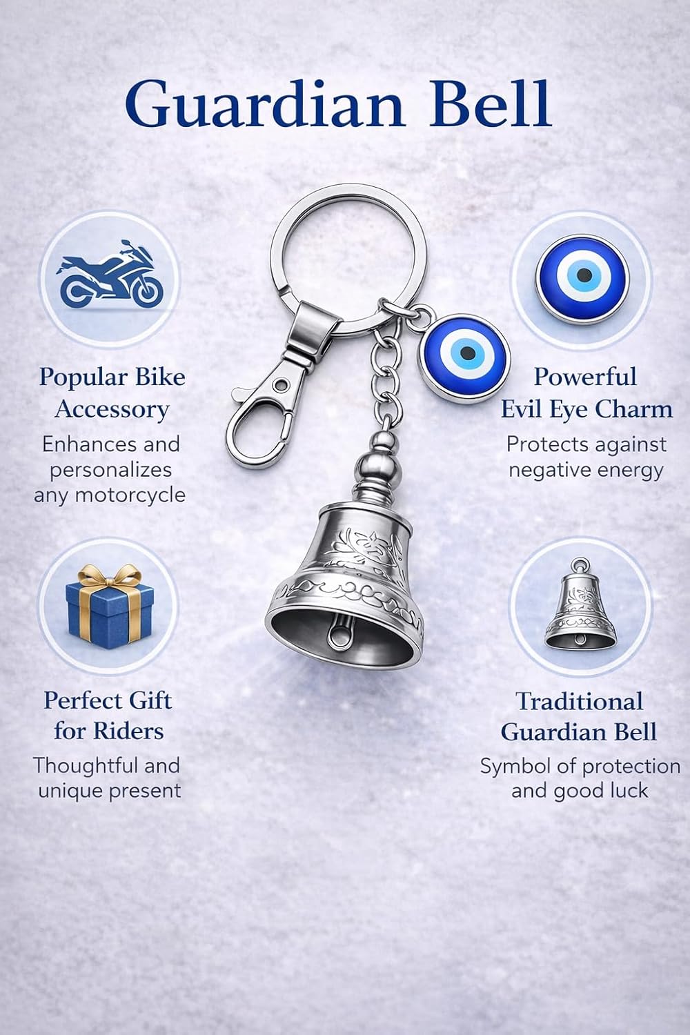 AutokraftZ Silver Guardian Bell with Tibetan Keychain for Motorcycle & Bike - Silver